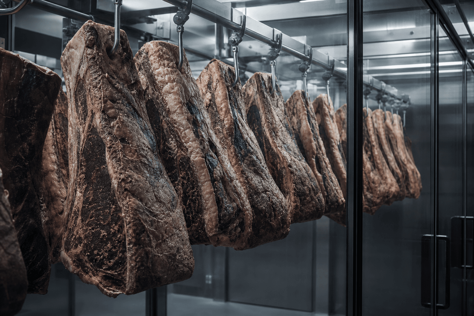 In-house dry-aging room with hanging beef cuts