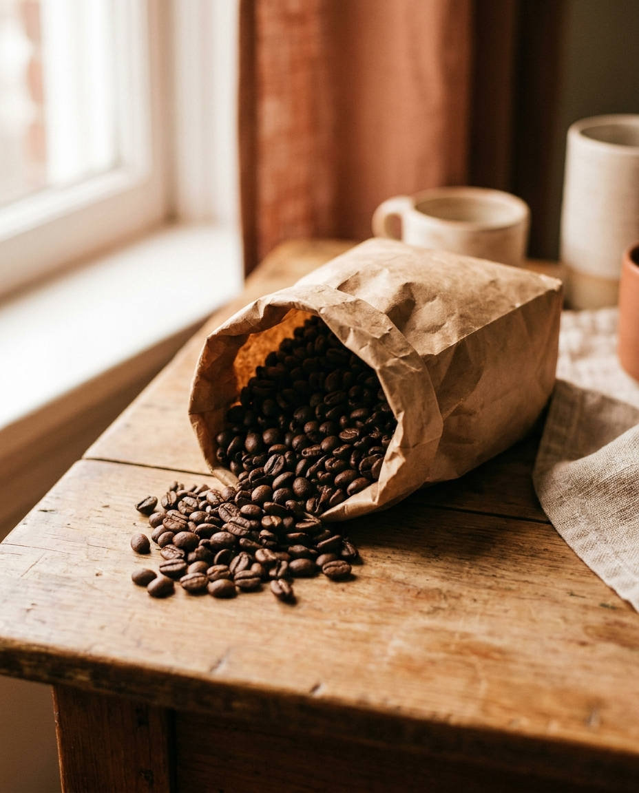 Bag of freshly roasted coffee beans, proof crop