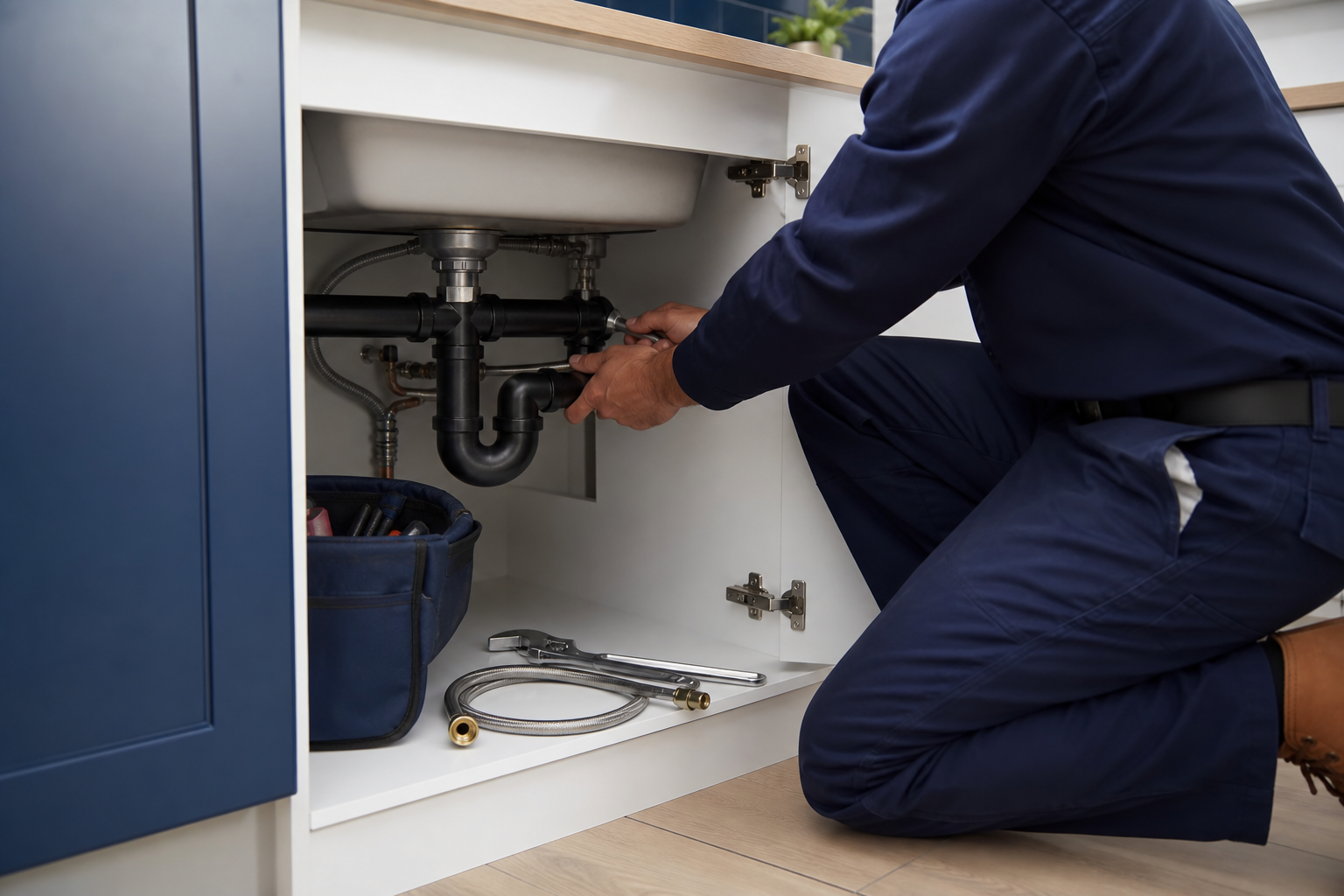 Technician diagnosing plumbing beneath a kitchen sink