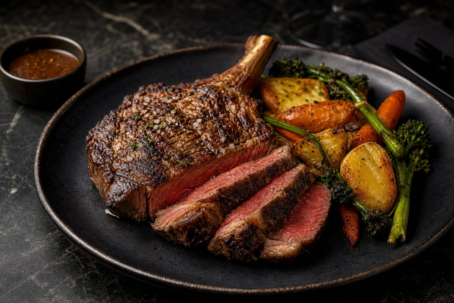 Plated bone-in dry-aged ribeye steak with roasted vegetables