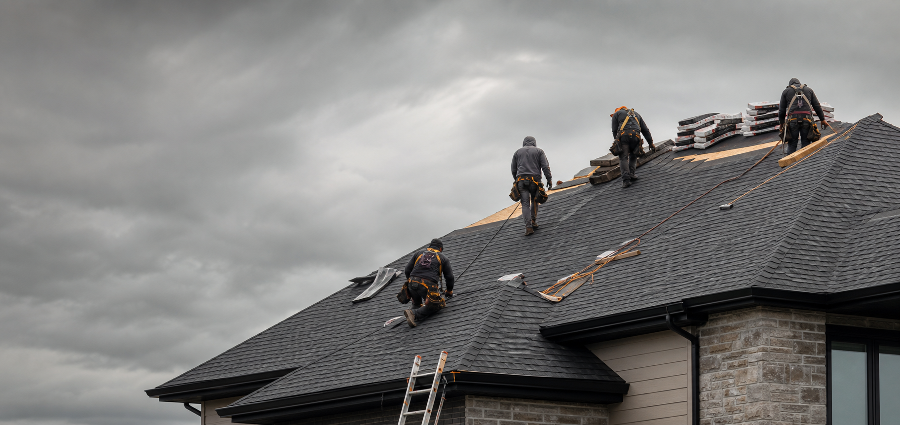 Roof crew installing a measured residential roof assembly