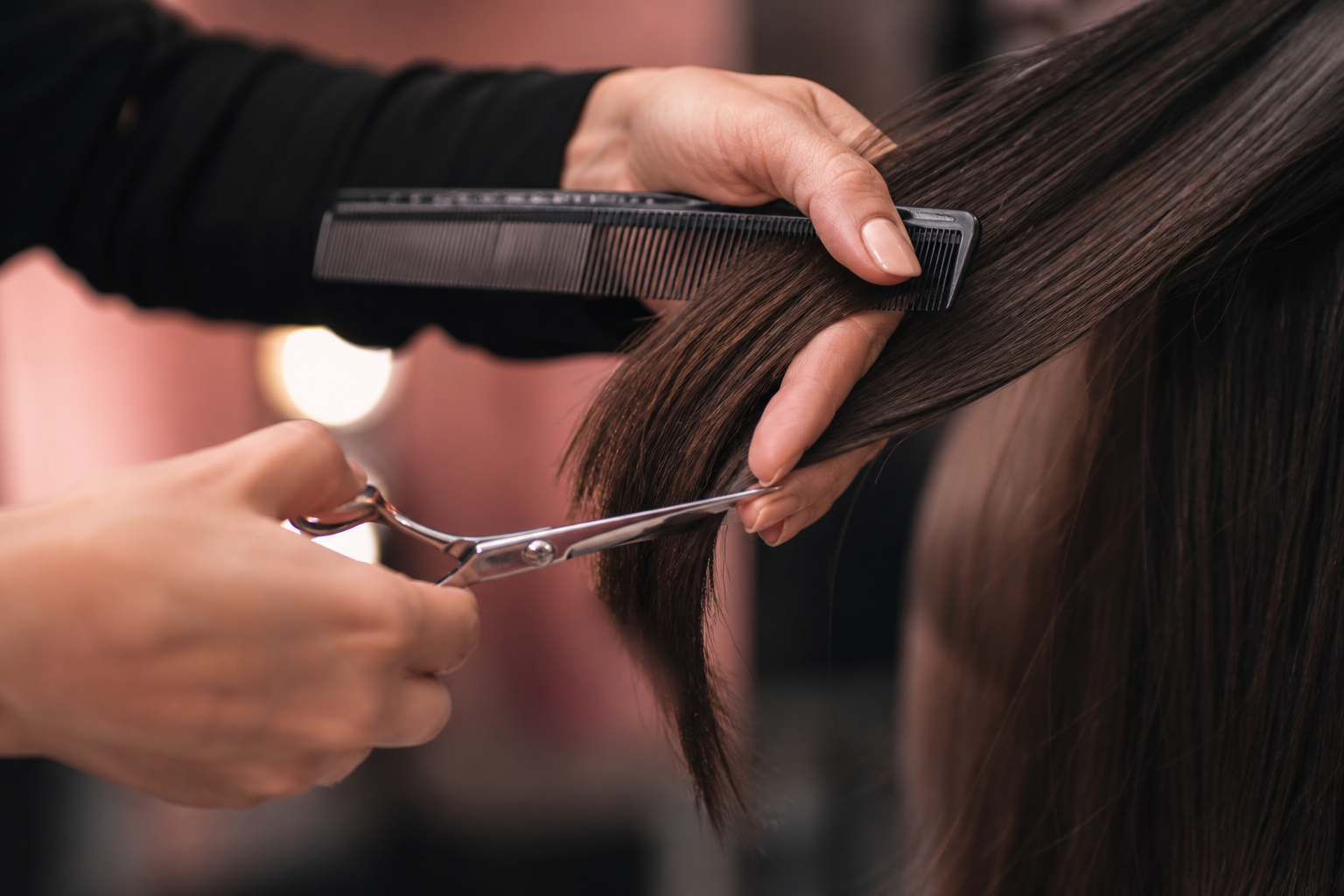 Close crop of scissors sectioning damp hair